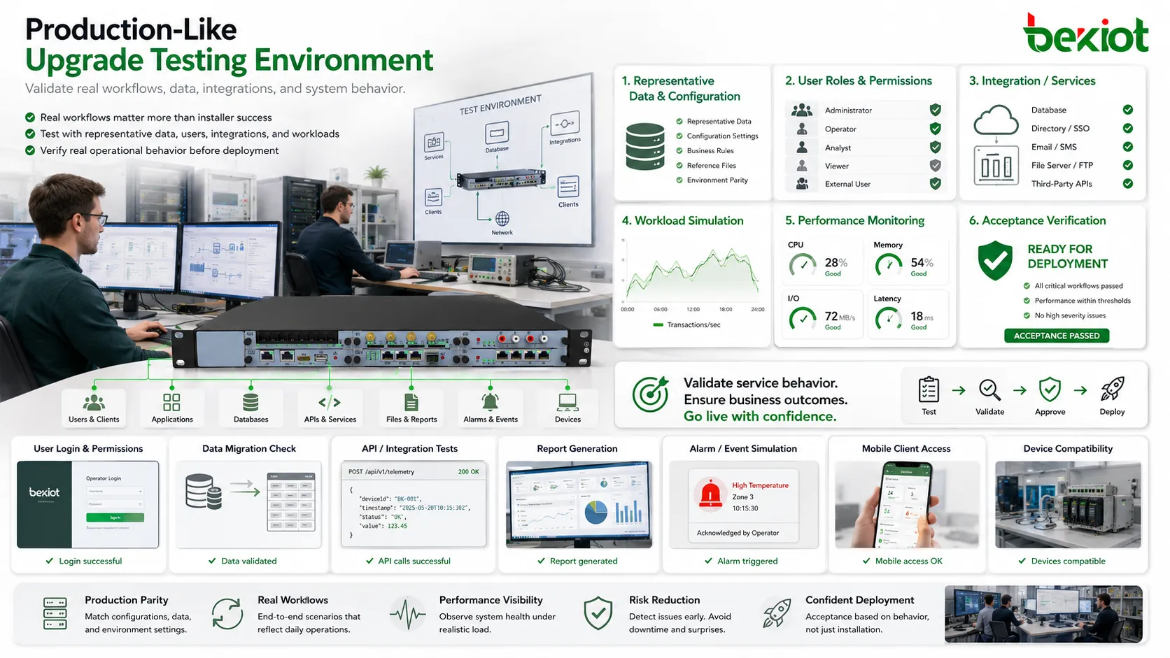 Testumgebung für ein System-Upgrade mit produktionsnahen Daten, Benutzerrollen, Integrationen, Lastsimulation und Abnahmeprüfung