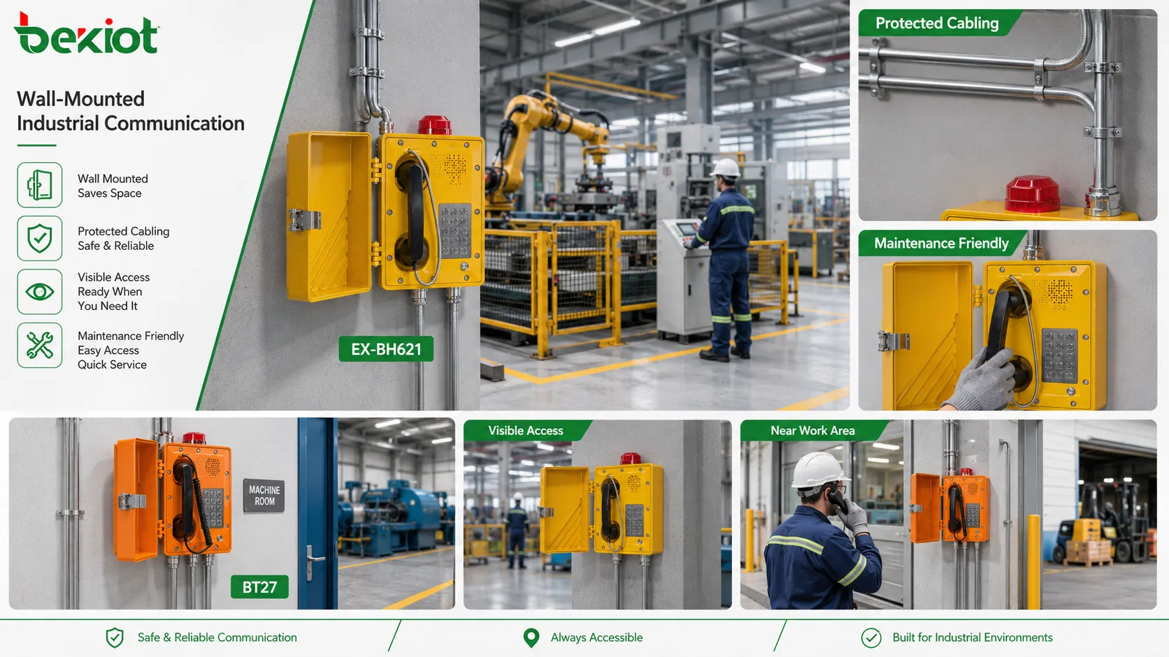 Wandmontierter industrieller Kommunikationspunkt mit robustem Telefon, geschütztem Gehäuse, fester Kabeleinführung und sichtbarem Zugang nahe dem Produktionsbereich