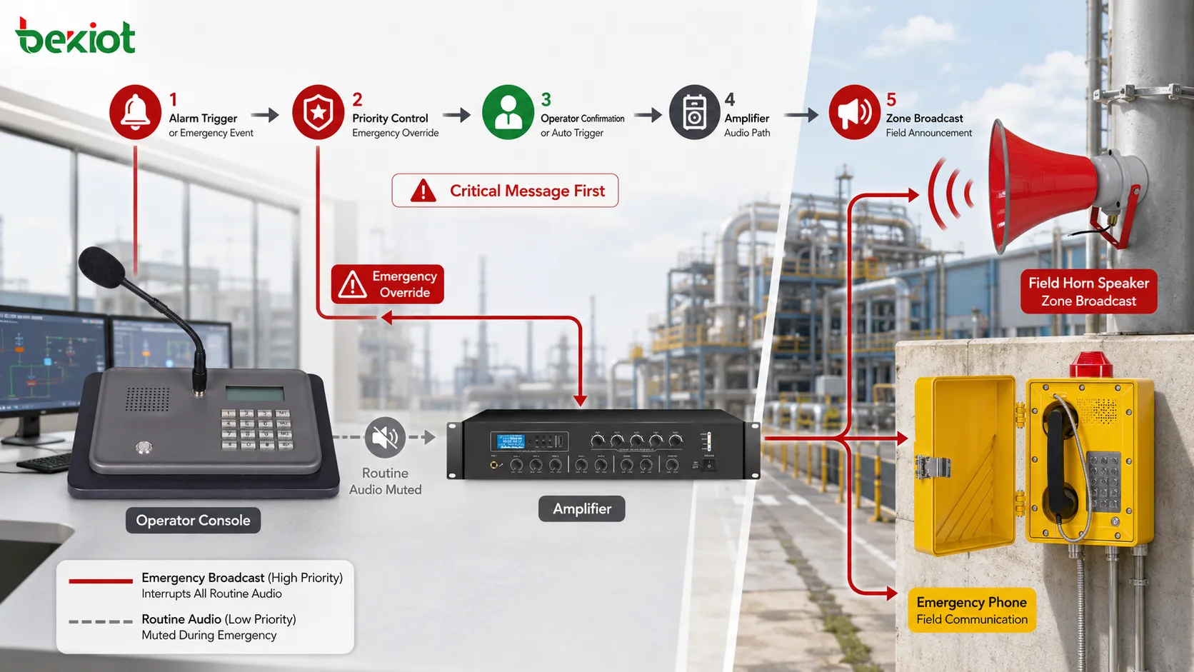 Diagramm eines industriellen Paging-Systems mit industrielles Paging-System, Notfallübersteuerung, Alarmauslösung, Evakuierung, Bediener, Priorität und Feld-Durchsageweg