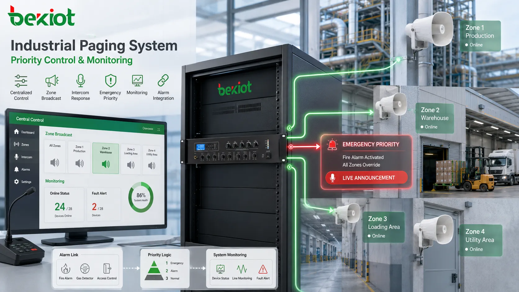 Diagramm eines industriellen Paging-Systems mit industrielles Paging-System, zentrale Steuerung, Überwachung, Intercom, Priorität, Reaktion und Feld-Durchsageweg