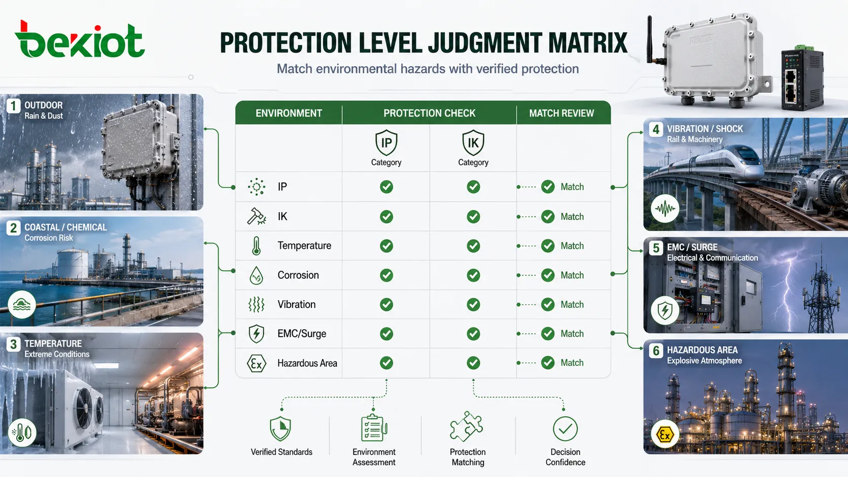 Matrix zur Schutzgradbewertung mit IP, IK, Temperatur, Korrosion, Vibration, EMV, Überspannung, Ex-Zertifizierung und Umgebungsabgleich