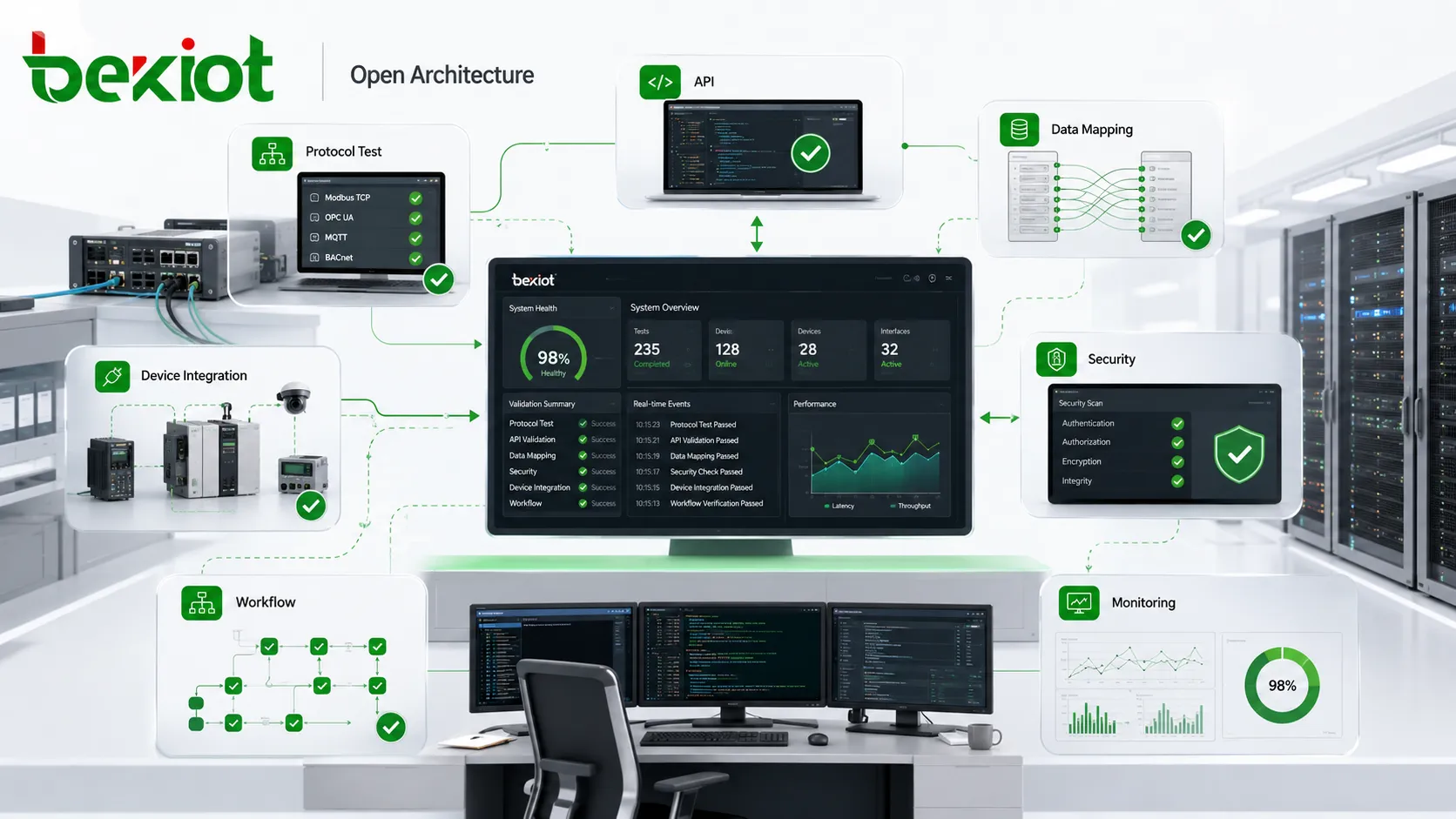 Interoperabilitätstest für Open Architecture mit Protokollkompatibilität, API-Validierung, Datenmapping, Sicherheitsprüfungen, Geräteintegration, Workflow-Prüfung und Monitoring