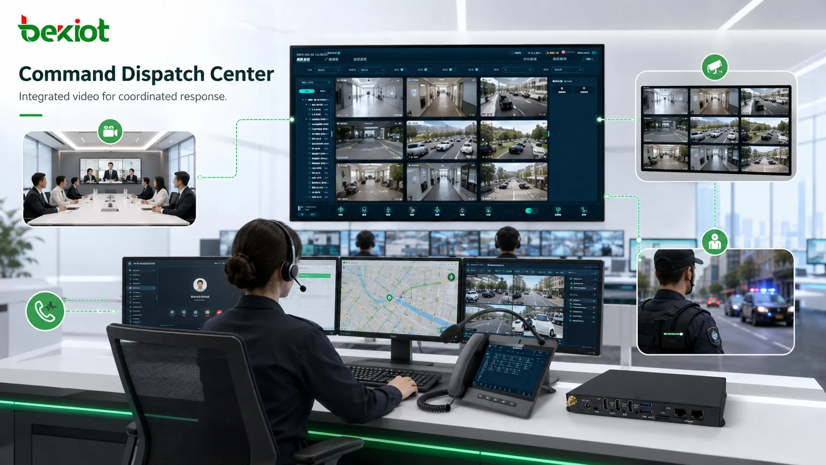 Befehlsdispositionszentrum, das Videokonferenzräume, Überwachungs-Streams, SIP-Kommunikation und mobile Videogeräte integriert