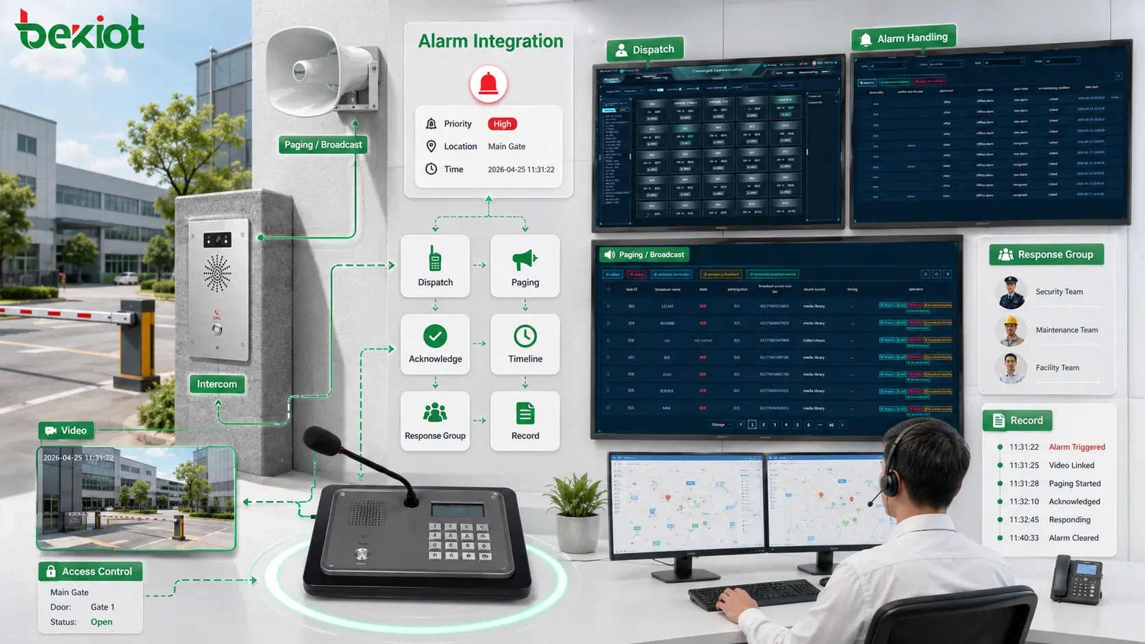 Dashboard der Alarmintegration mit Priorität, Standort, Video, Reaktionsteam, Benachrichtigung, Quittierung und Zeitachse