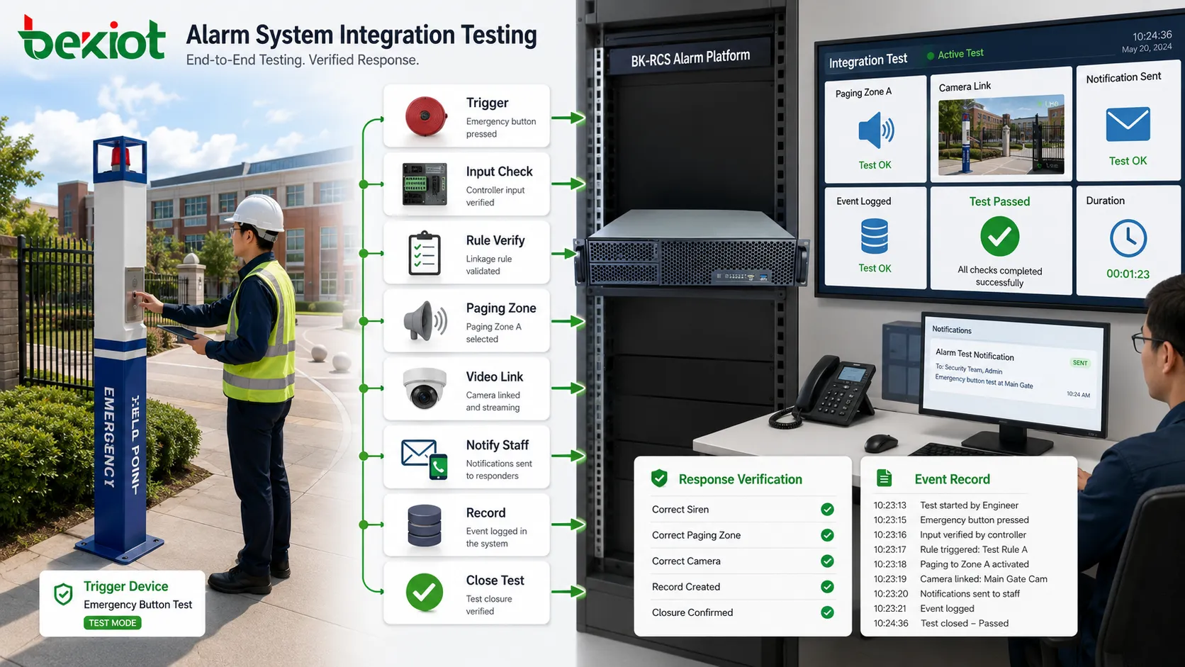 Systemintegrationstest für Alarmauslöser mit Notruftaster, Melder, Controller, BK-RCS Alarmplattform, Beschallungszone, Benachrichtigung, Video und Reaktionsprüfung