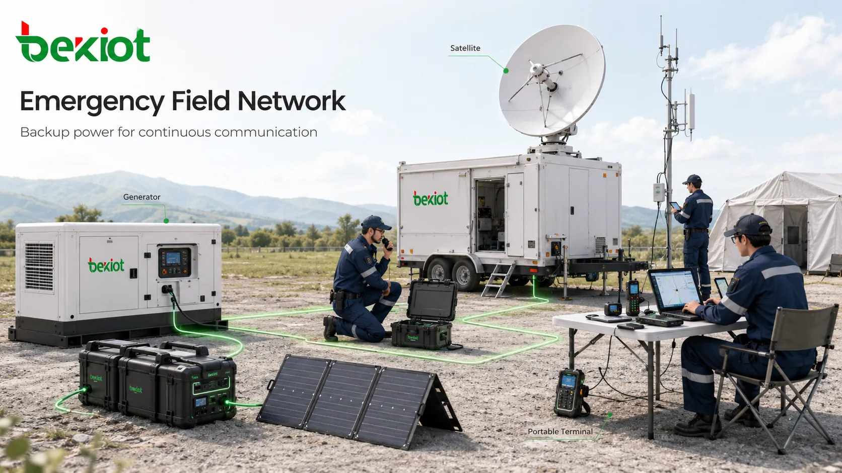 Feldnetz für die Einsatzleitung mit Satellitenkommunikation, Notstromgenerator und tragbaren Endgeräten