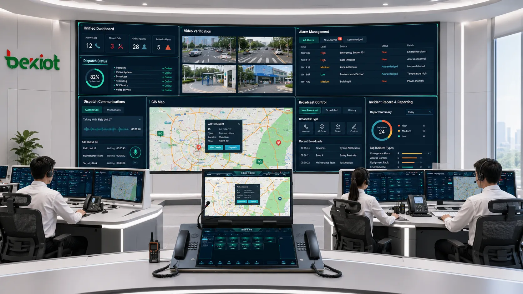 Funktionsmodule der Leitstelle mit einheitlichem Dashboard, Videoverifikation, Alarmmanagement, GIS-Karte, Dispositionskommunikation, Vorfallsaufzeichnung und Berichtsworkflow