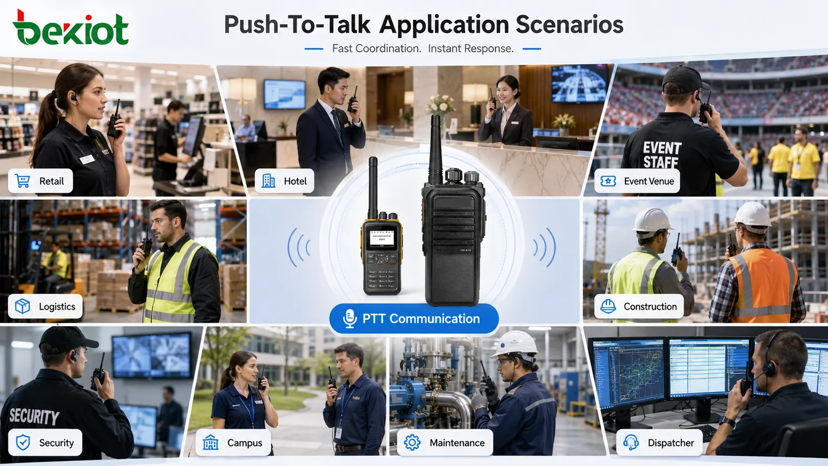 Push-To-Talk-Anwendungen mit Sicherheitsrundgang, industrieller Wartung, Logistikflotte, Baustelle, Campus und Dispatcher-Koordination