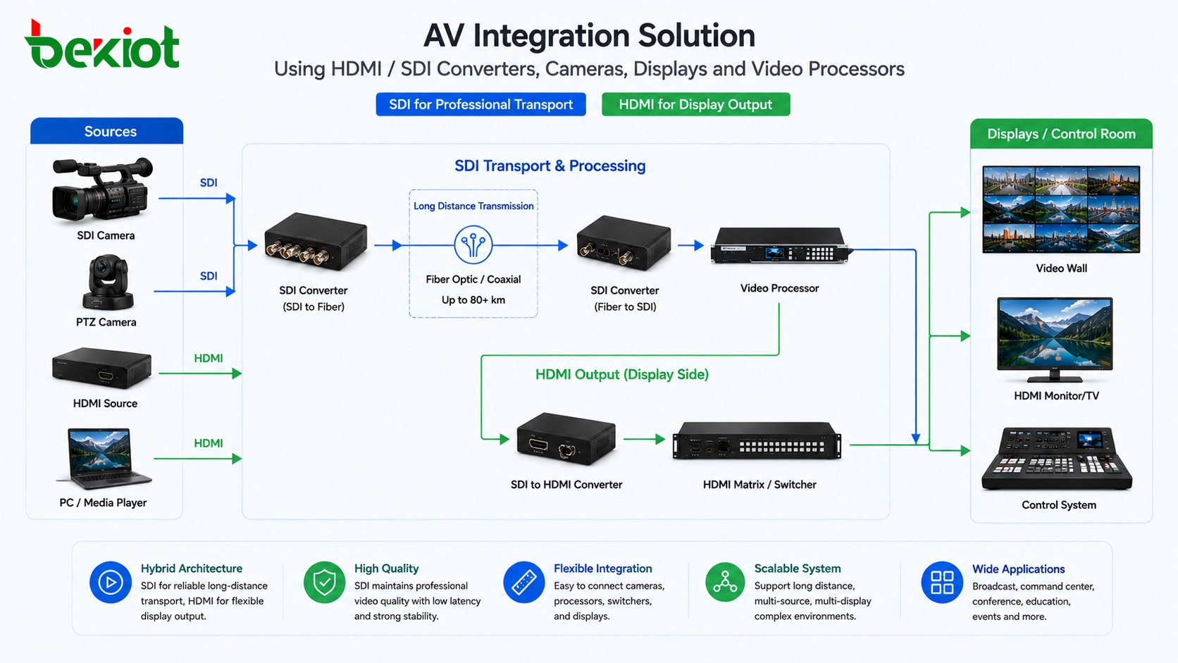 AV-Integrationslösung mit HDMI-SDI-Konvertern, Kameras, Displays und Videoprozessoren