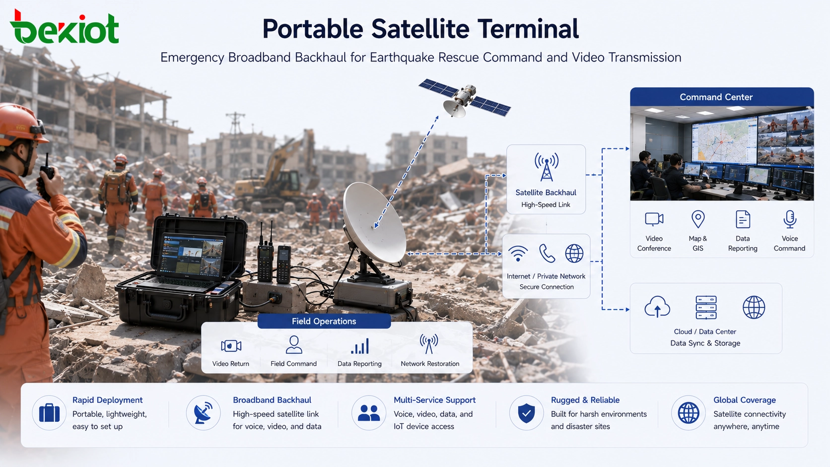 Tragbares Satellitenterminal, das Notfall-Breitband-Rückführung für Erdbebenrettungsführung und Videoübertragung bereitstellt