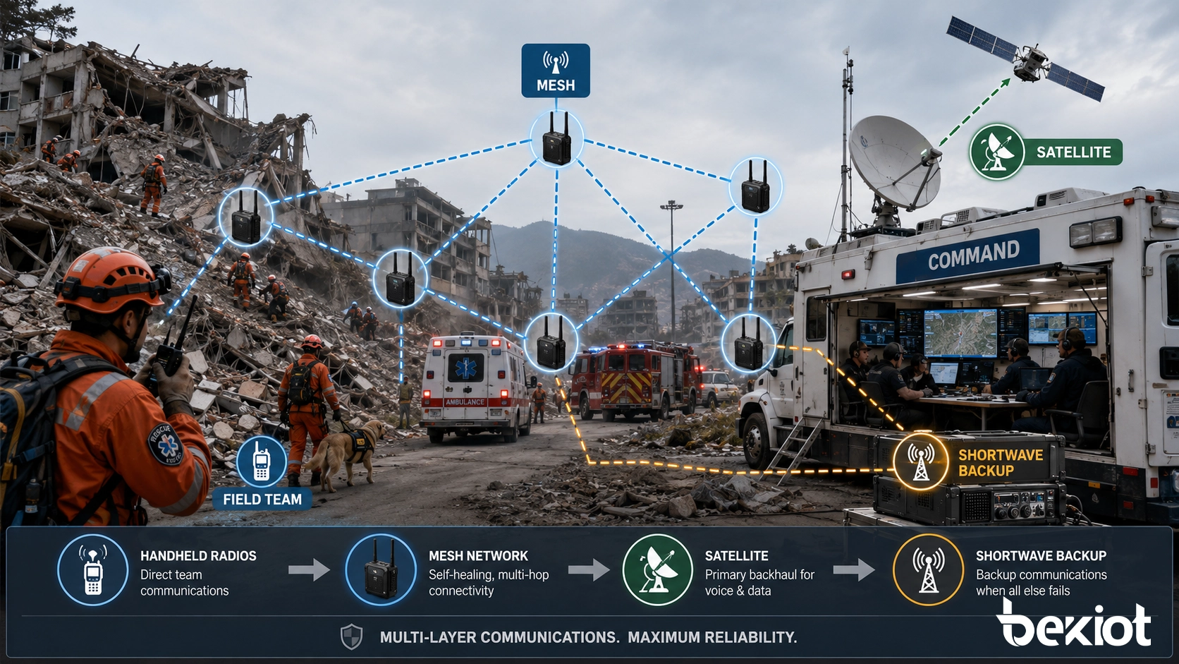 Notfall-Kommunikationsnetzwerk für Erdbebenrettungseinsatz mit Funkgeräten, Mesh, Satellitenrückführung und Kurzwellen-Backup
