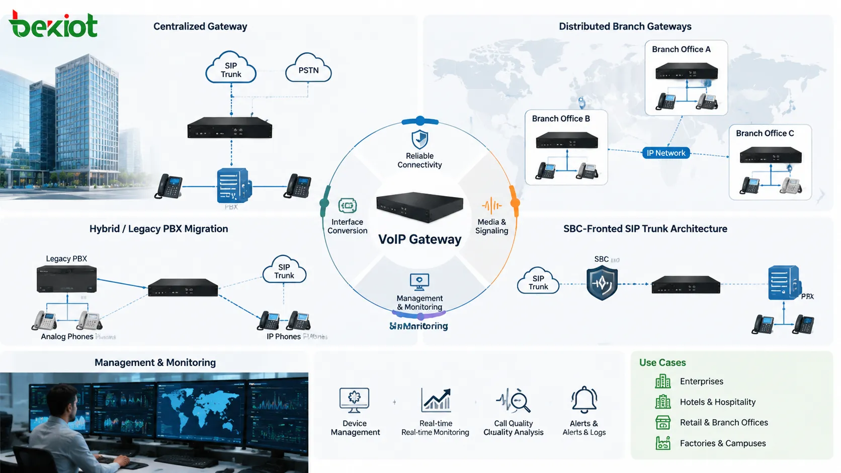 VoIP-Gateway-Bereitstellungsmuster mit zentraler Architektur, verteilten Gateways, hybrider PBX-Migration, SBC-vorgelagertem SIP-Trunk und Monitoring