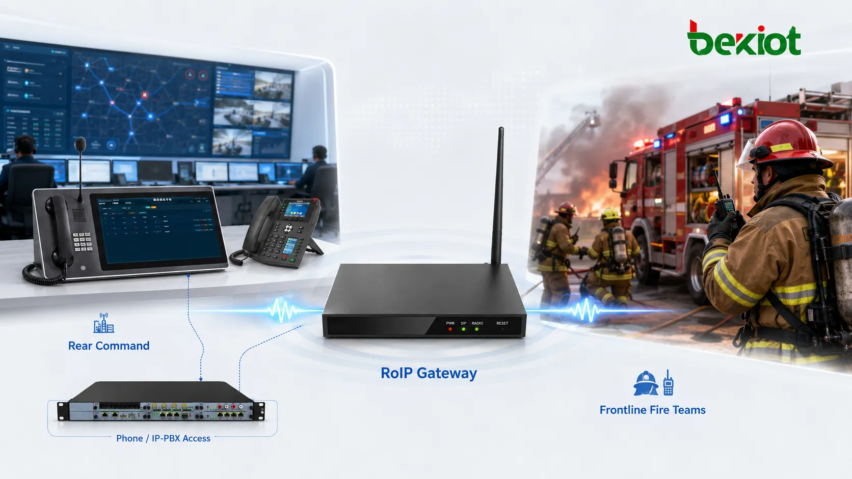 RoIP-Gateway ermöglicht Telefonnutzern der hinteren Kommandozentrale die Kommunikation mit vorderen Funkteams bei Feuerwehreinsätzen