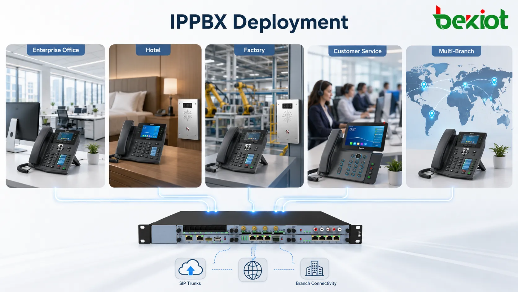 IPPBX-Bereitstellung in Unternehmensbüros, Hotels, Fabriken, Kundenservicezentren und Organisationen mit mehreren Filialen
