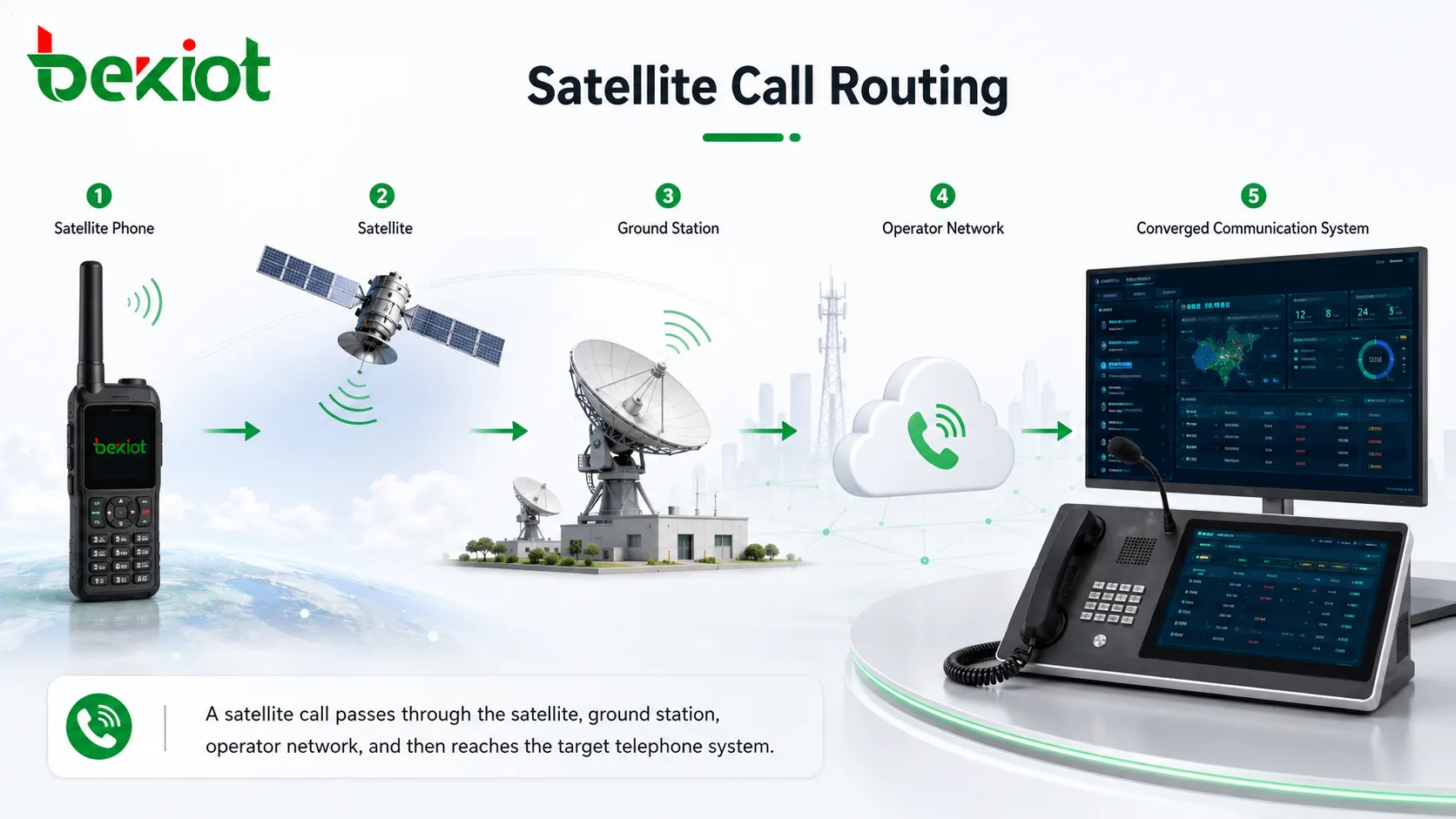Weiterleitung eines Satellitentelefonanrufs über die Bodenstation und das Telekommunikationsbetreuernetz