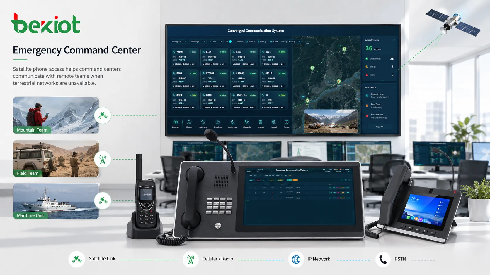 Einsatzzentrale, die Satellitentelefone, IP-Telefone und Einsatzkonsolen für die Feldkommunikation verwendet