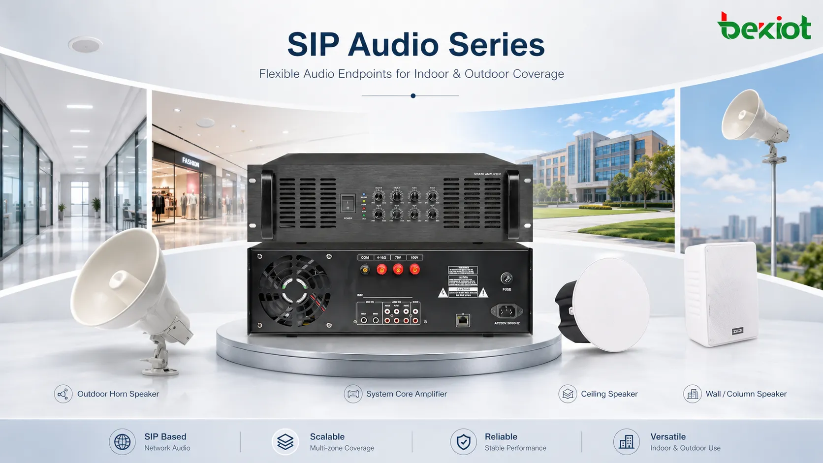 Produktlinie von SIP-Broadcast-Terminals mit quadratischen Decken Wand Säulen und Außen-Hornlautsprechern