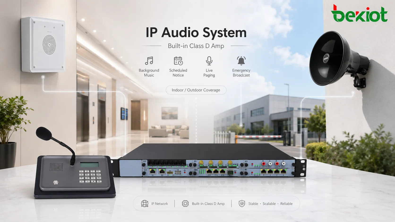 SIP-Audiosystemarchitektur mit SIP-Server PoE-Switch Netzwerklautsprechern und Hintergrundmusik-Streaming