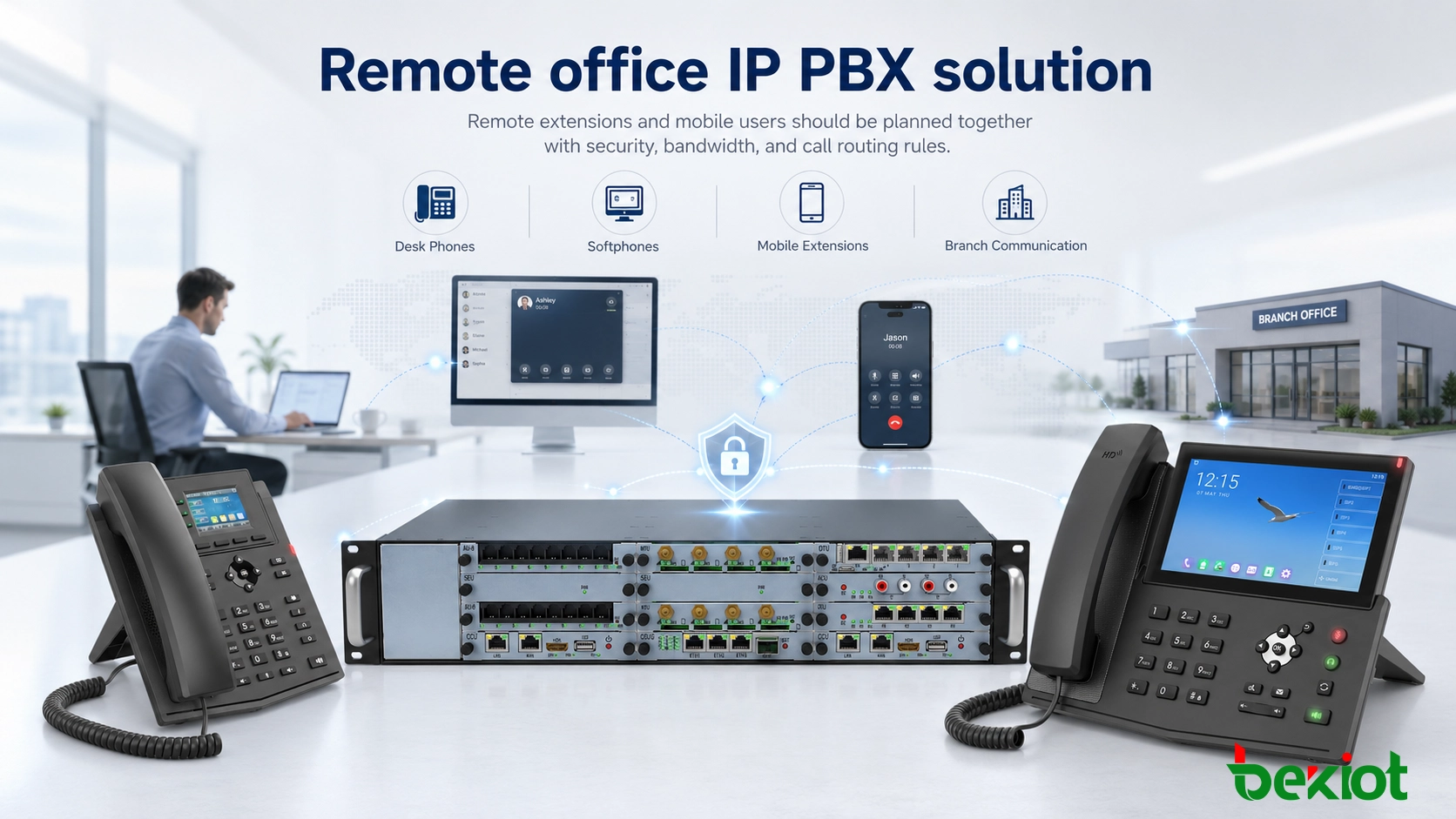 Remote-Büro-IP-PBX-Lösung mit Schreibtischtelefonen, Softphones, mobilen Nebenstellen und Zweigstellenkommunikation
