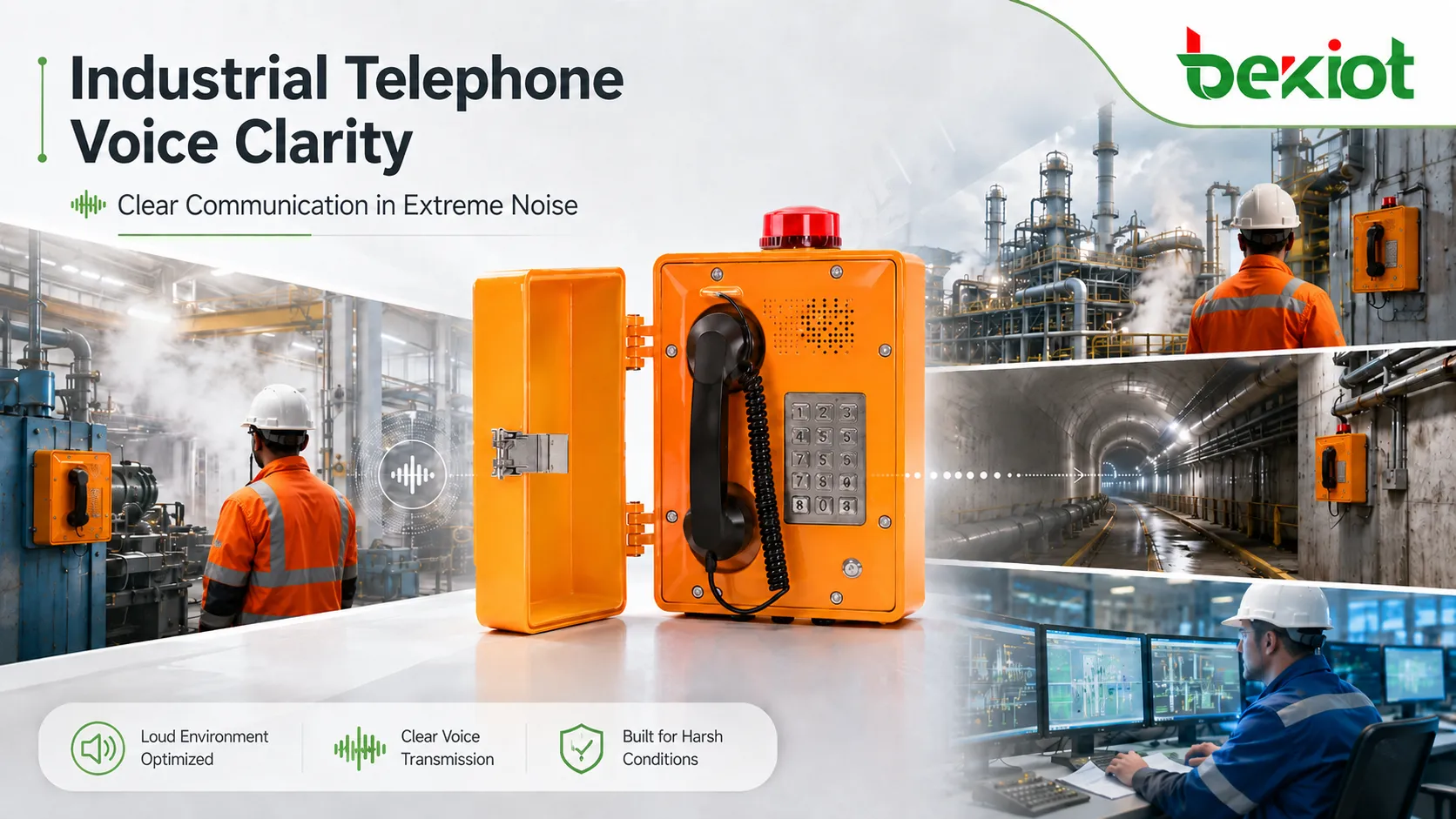 Sprachklarheit eines Industrietelefons in lauter Fabrikumgebung mit robustem Telefon, Leitstandbediener, Mikrofonaufnahme, Geräuschunterdrückung und klarer Sprachübertragung