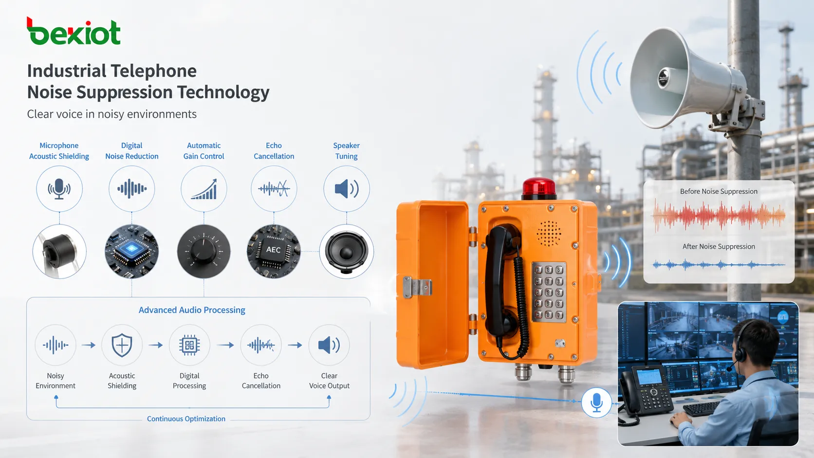 Geräuschunterdrückungstechnologie für Industrietelefone mit akustischer Mikrofonabschirmung, digitaler Rauschminderung, automatischer Verstärkungsregelung, Echounterdrückung und Lautsprecherabstimmung