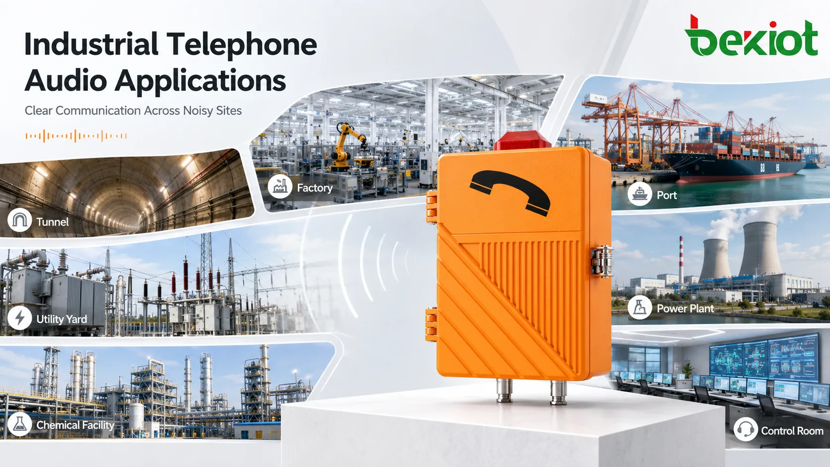 Audio-Anwendungsszenarien für Industrietelefone mit Werkstatt, Tunnel, Hafen, Außenhof, Kraftwerk, Chemieanlage und Leitstandkommunikation
