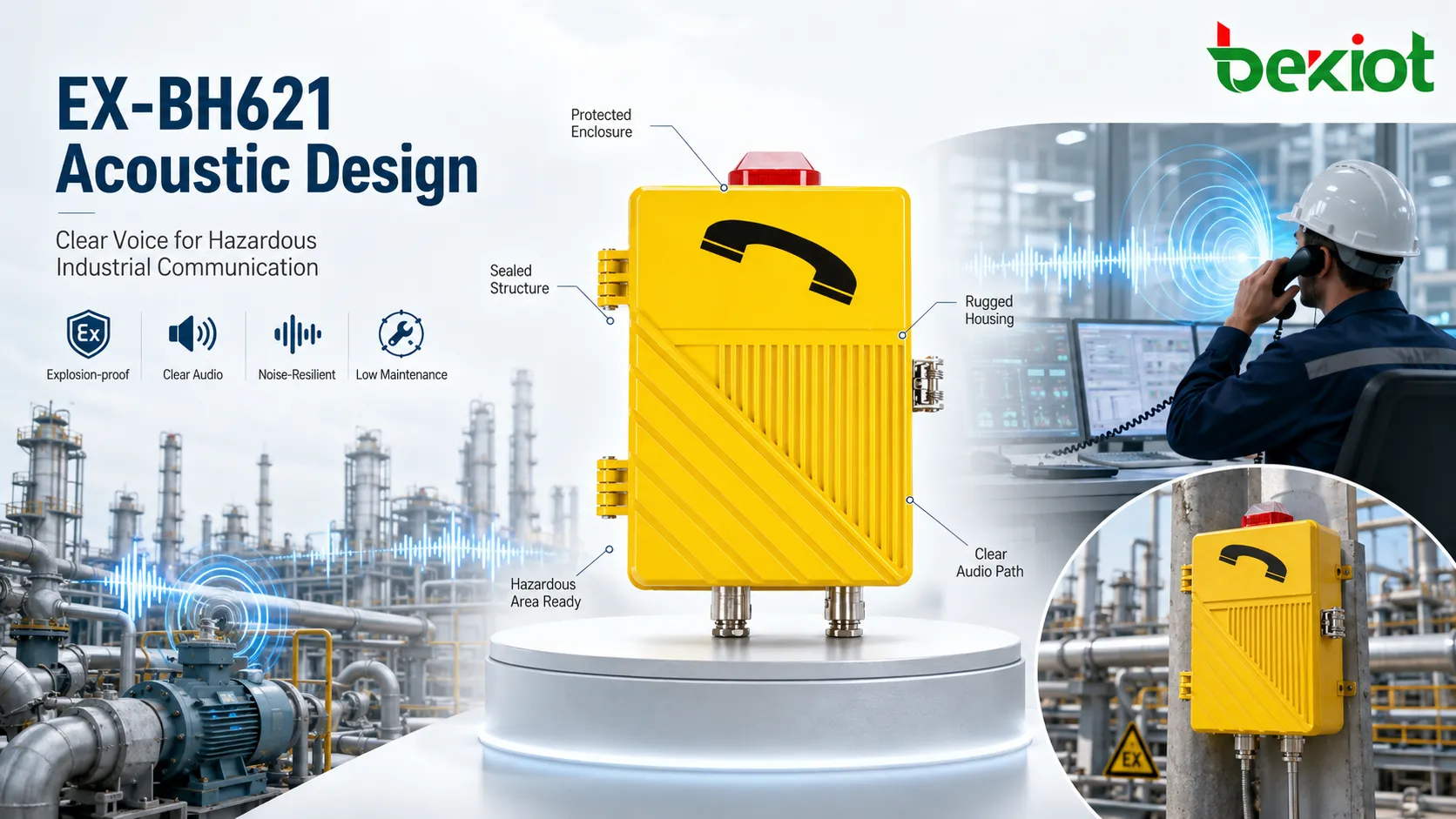 Akustisches Design eines explosionsgeschützten Telefons in gefährlichem Industriebereich mit Schutzgehäuse Hörer Mikrofon Lautsprecherauslass Lärmquelle und Leitwartenkommunikation