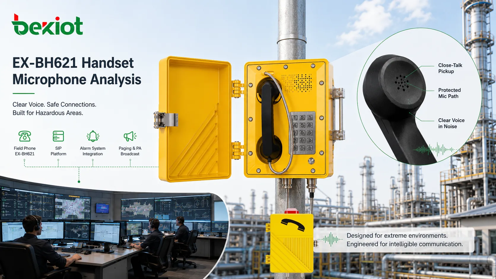 Hörer- und Mikrofondesign eines explosionsgeschützten Telefons mit Nahbesprechung geschützter Mikrofonöffnung robustem Hörerkabel und lauter Industrieumgebung