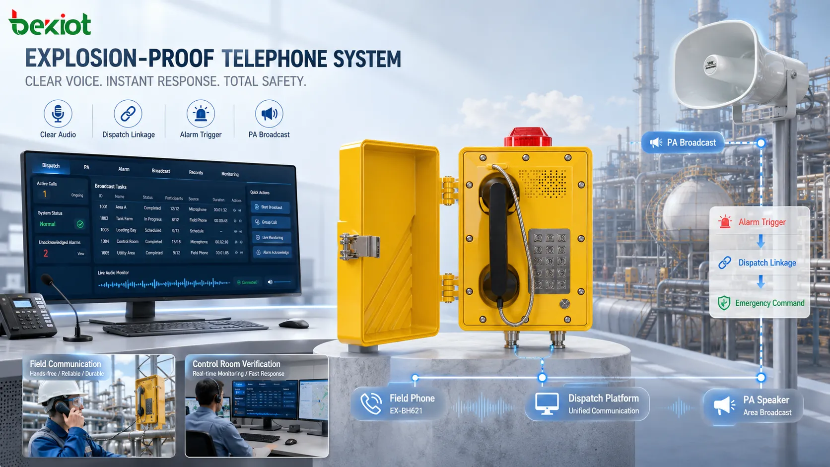 Audiointegration eines explosionsgeschützten Telefons mit Gefahrenbereichstelefon Dispatch-Konsole Alarmsystem SIP-Plattform Beschallungslautsprecher und klarem Sprachablauf