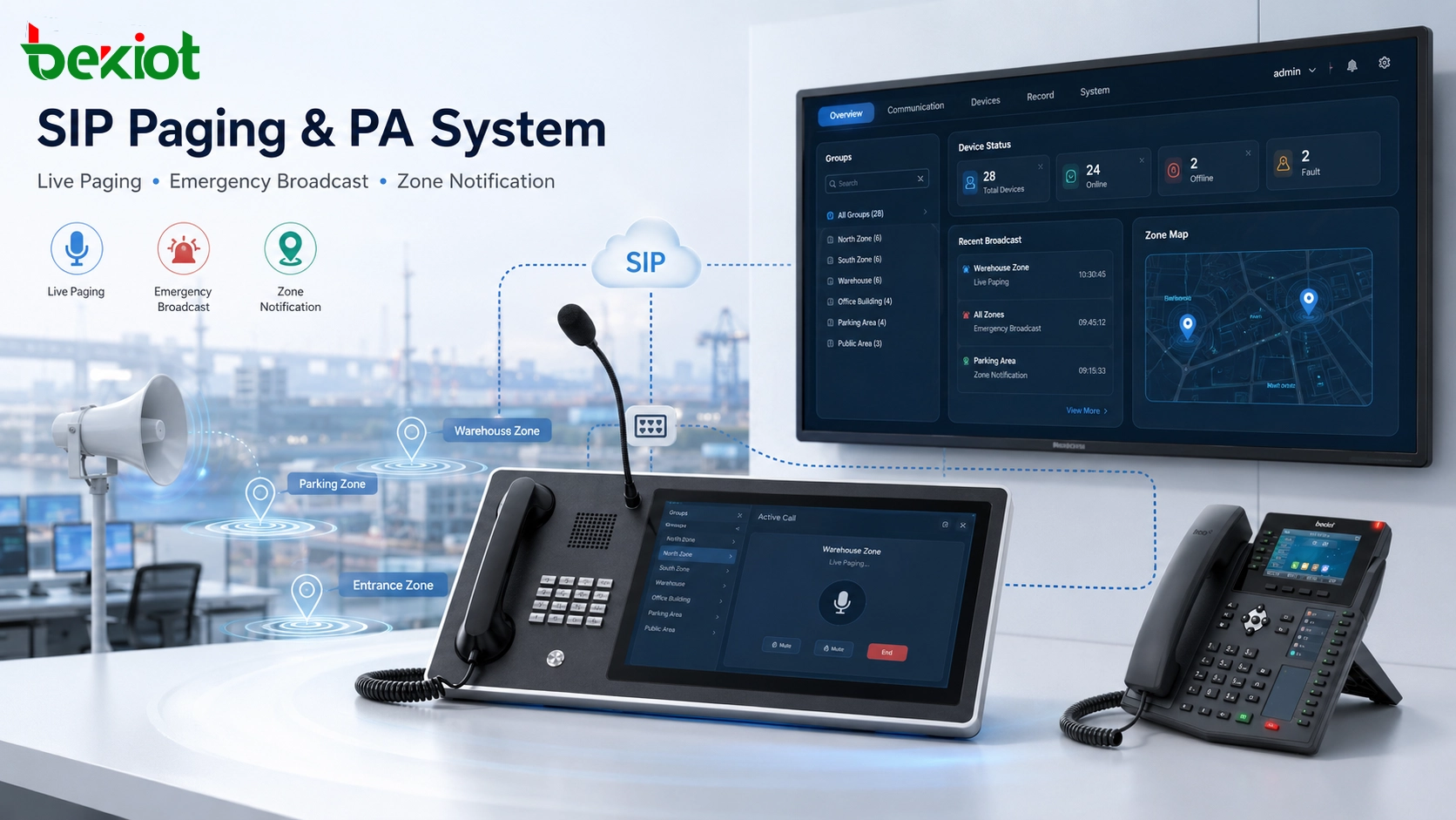 SIP-Durchsage- und Beschallungssystem verbunden mit Einsatzkonsole, IP-Telefonen und Notfallkommunikationsplattform