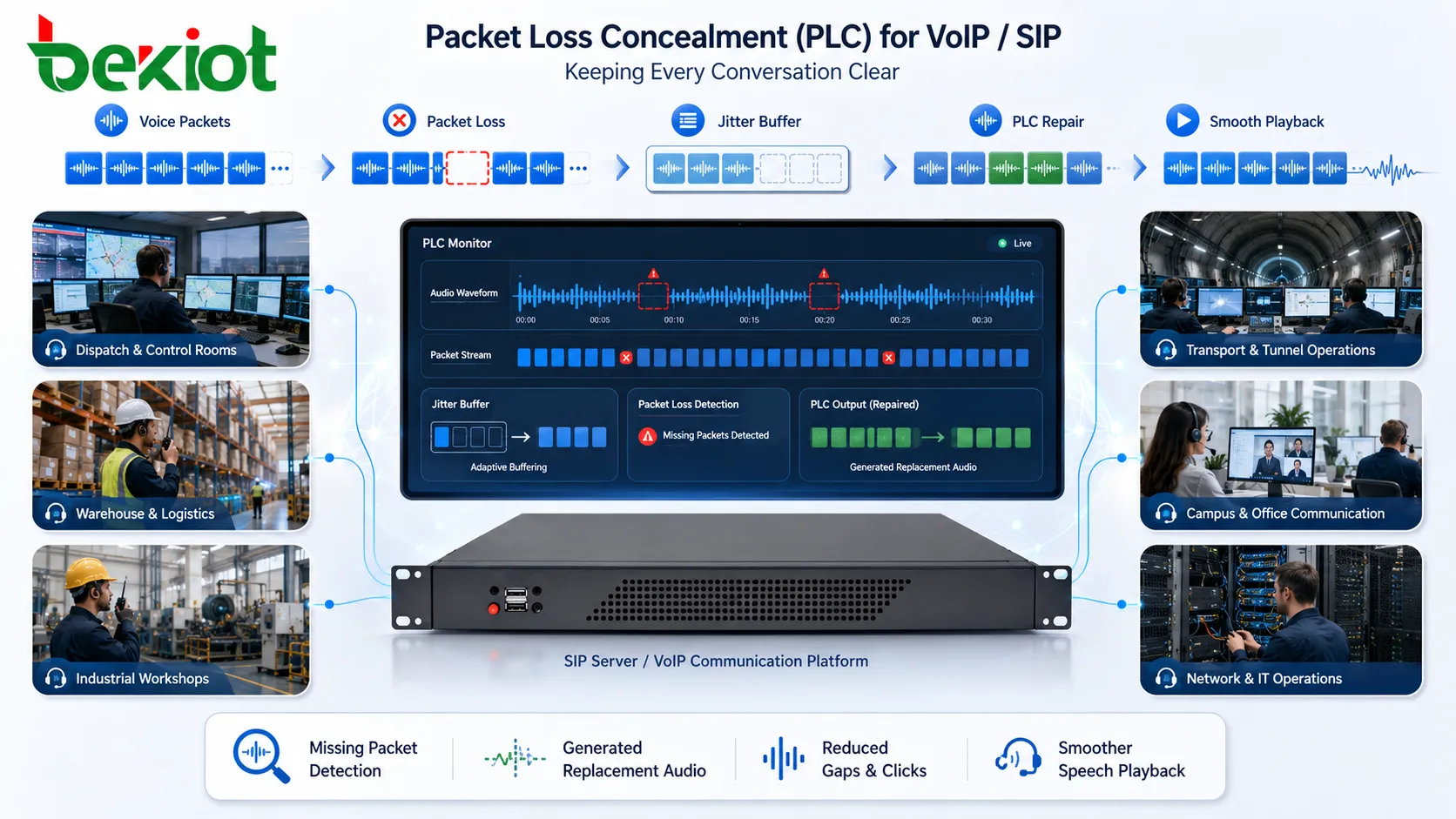 Packet Loss Concealment Audioreparatur mit VoIP-Sprachpaketen Erkennung fehlender Pakete erzeugtem Ersatzaudio Jitter-Buffer und glatterer Sprachwiedergabe