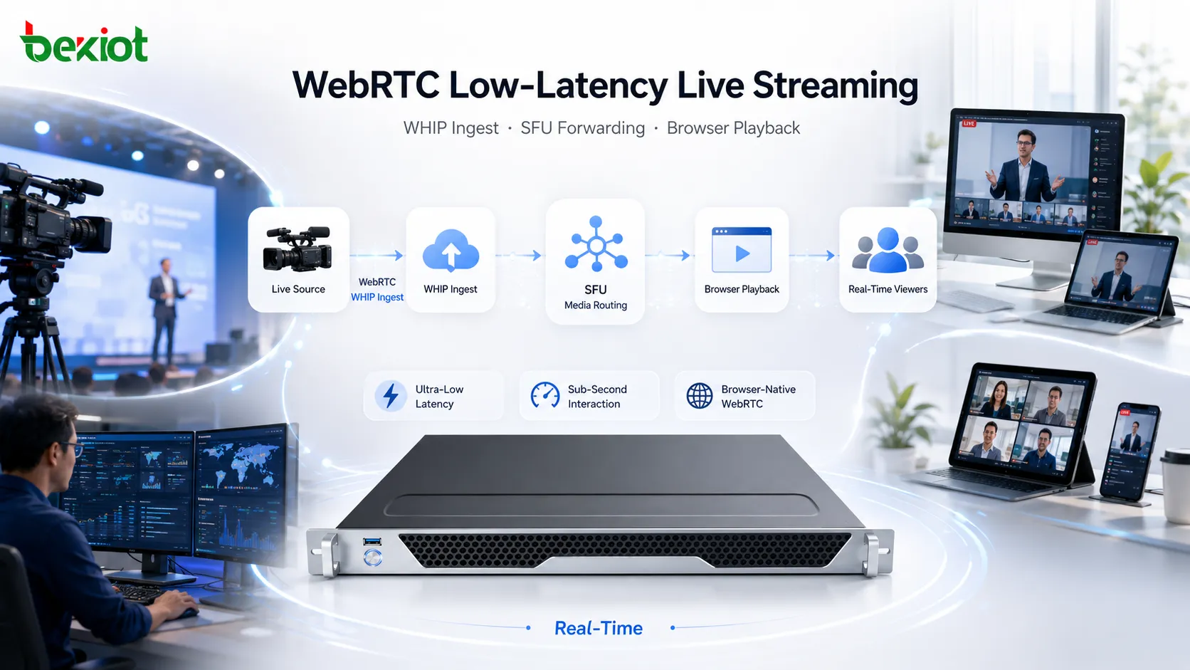 WebRTC-Low-Latency-Live-Streaming-Architektur mit WHIP-Ingest, SFU-Medienrouting und Browser-Wiedergabe