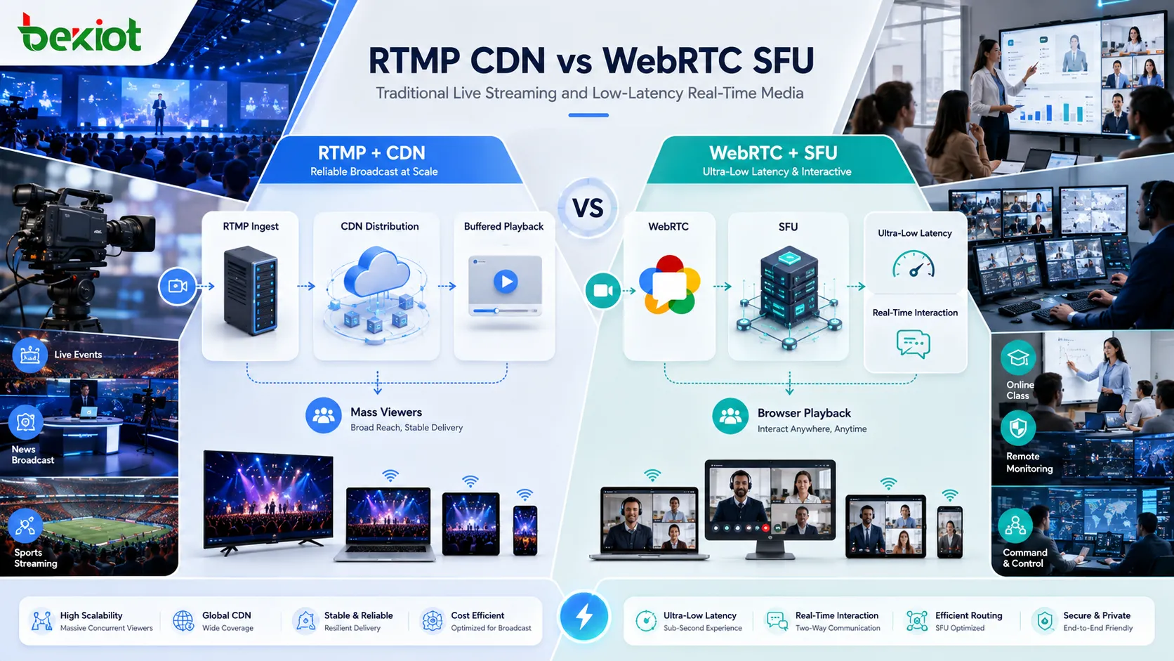 RTMP-CDN-Live-Streaming-Architektur im Vergleich zu WebRTC-SFU-Low-Latency-Streaming-Architektur