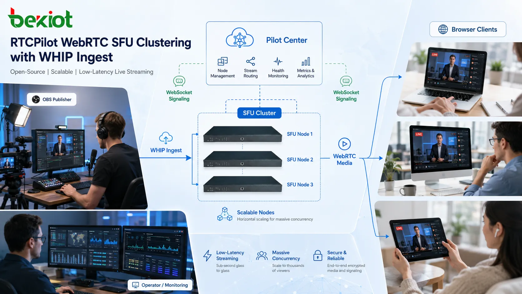 WebRTC-WHIP-Ingest und SFU-Cluster-Architektur mit Pilot Center, SFU-Knoten, OBS-Publisher und Browser-Clients