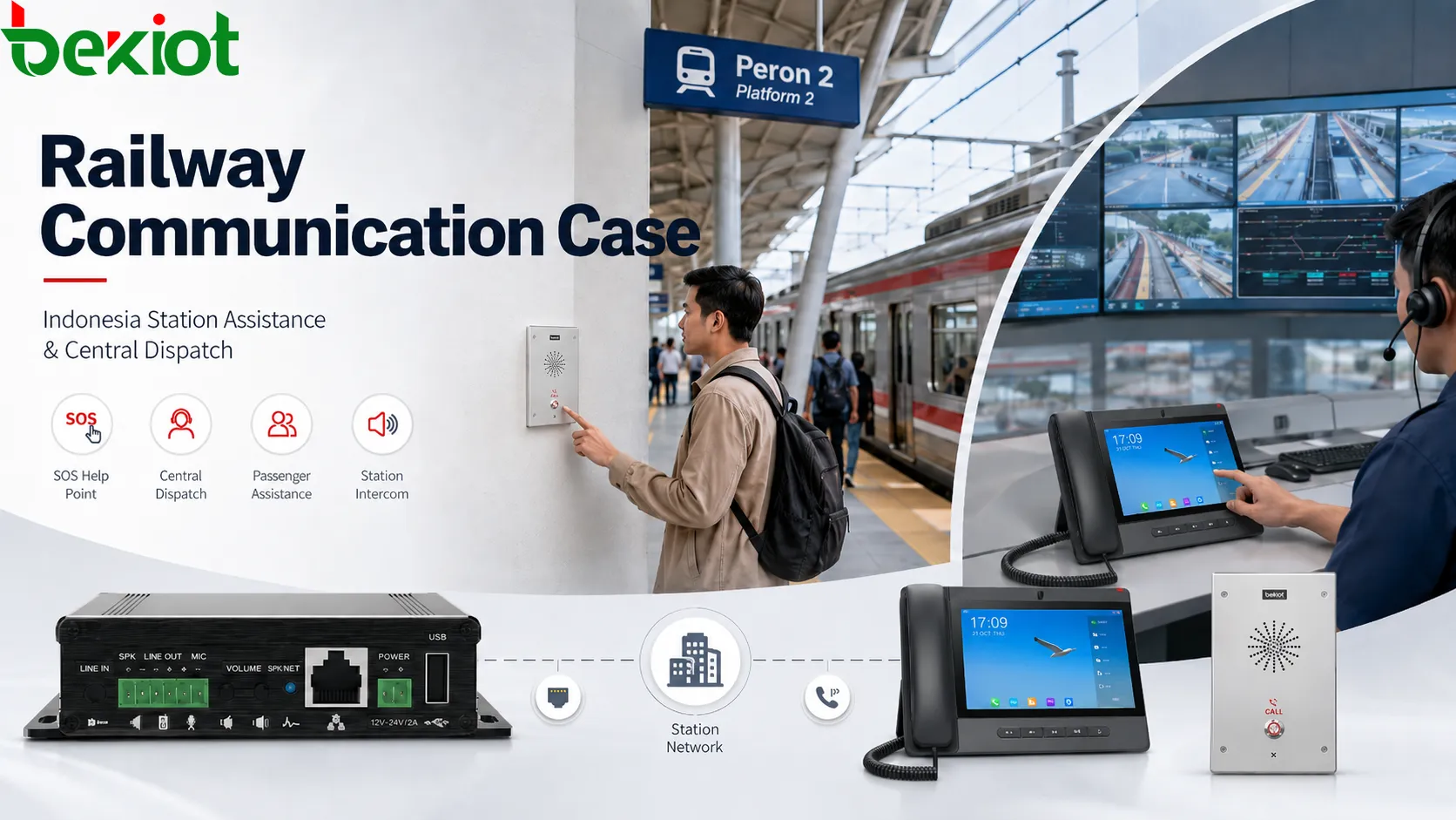 Bahnkommunikationssystem von Becke Telcom in einem indonesischen Nahverkehrsbahnhof mit SOS-Punkten und Disposition der Überwachungszentrale