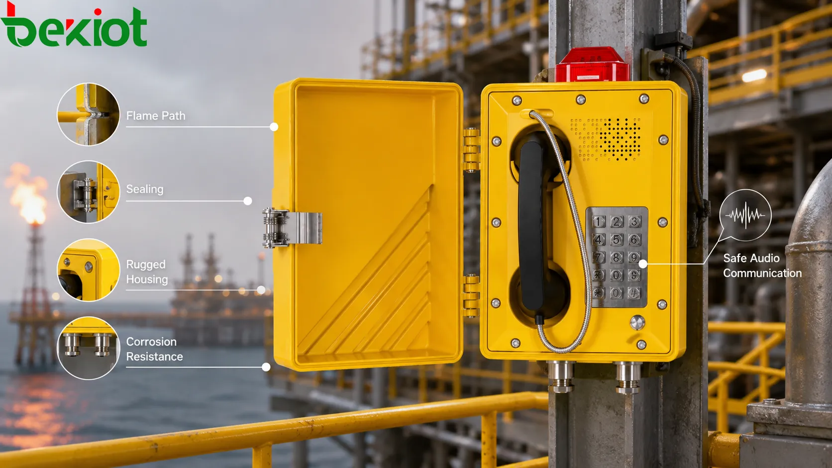 Werkstoffdesign eines explosionsgeschützten Telefons mit korrosionsbeständigem Metallgehäuse, abgedichtetem Hörer, robusten Tasten, Kabelverschraubung, Dichtung, Oberflächenbehandlung und rauer Industrieumgebung