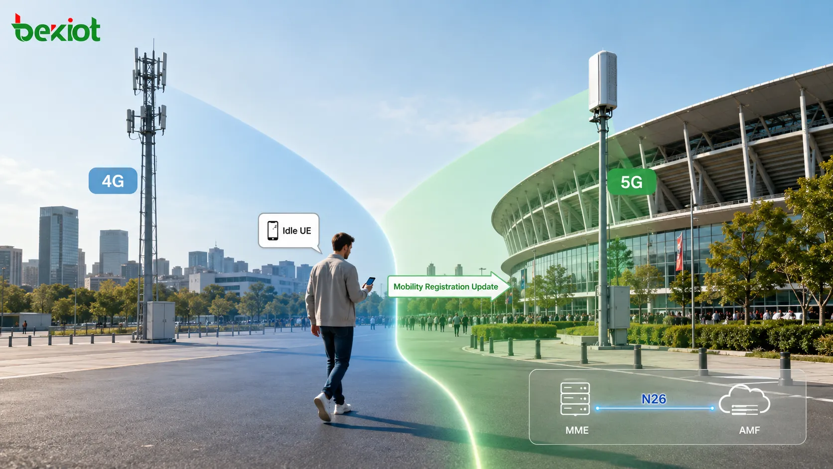 Idle-Mobilität von 4G zu 5G, die die Bewegung des UE von der LTE-eNodeB-Abdeckung zur 5G-gNodeB-Abdeckung mit MME-AMF-N26-Schnittstelle und Mobility Registration Update zeigt