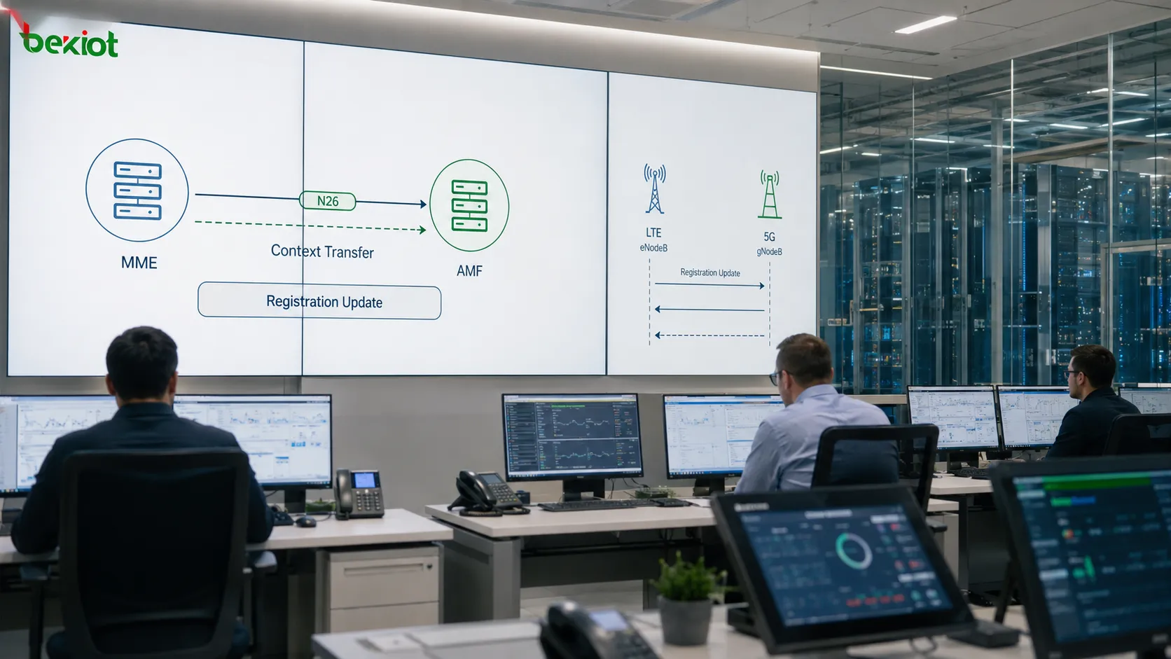 N26-Kontextübertragung zwischen MME und AMF mit abgebildeter 5G-GUTI, DNS-Abfrage, GTPv2-Context-Request, Context-Response, EPS-MM-Kontext- und 5G-MM-Kontext-Konvertierung