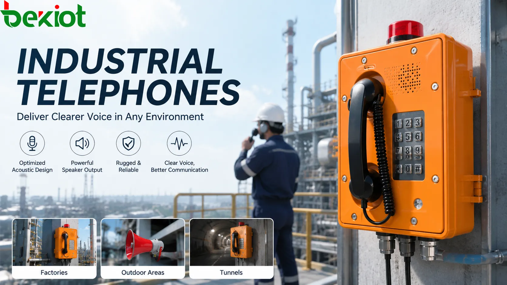 Industrietelefon verbessert Sprachverständlichkeit in lauter Fabrik, Arbeiter nutzt robusten Hörer neben Maschinen und Leitstellenbediener empfängt klarere Sprache