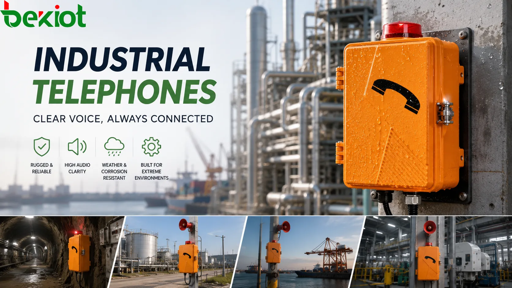 Robuste Industrietelefon-Hardware mit geschützter Hörerschnur, abgedichtetem Gehäuse, stabilen Klemmen, Lautsprecher, Empfangskapsel und industrieller Wandmontage
