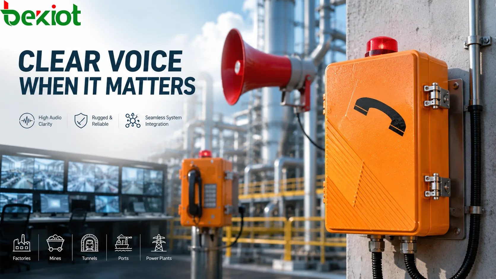 Montage und Audioprüfung eines Industrietelefons mit Wandgerät, sprechendem Arbeiter, hörender Leitstelle, Geräuschquellen, Netzverbindung und Wartungsinspektion