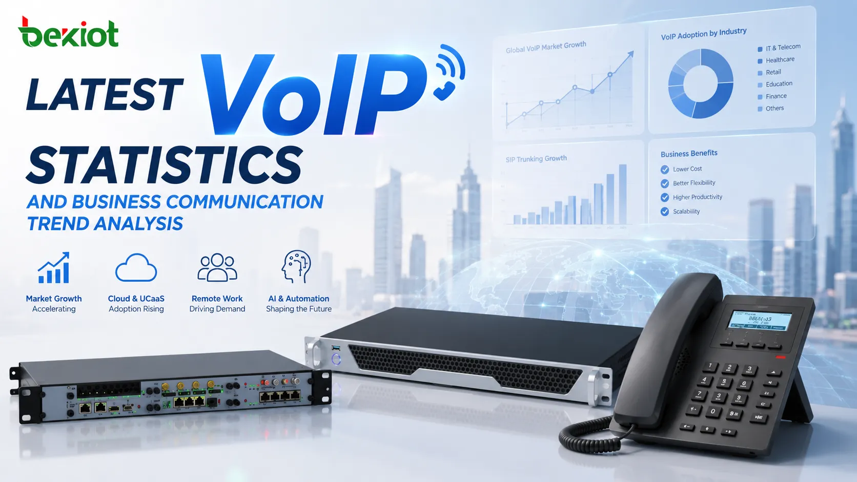 VoIP-Statistiken, die zeigen, wie Cloud-Telefonsysteme, SIP-Trunking, Remote-Arbeit, Unified Communications und KI-Sprachplattformen das Wachstum der Unternehmenskommunikation vorantreiben