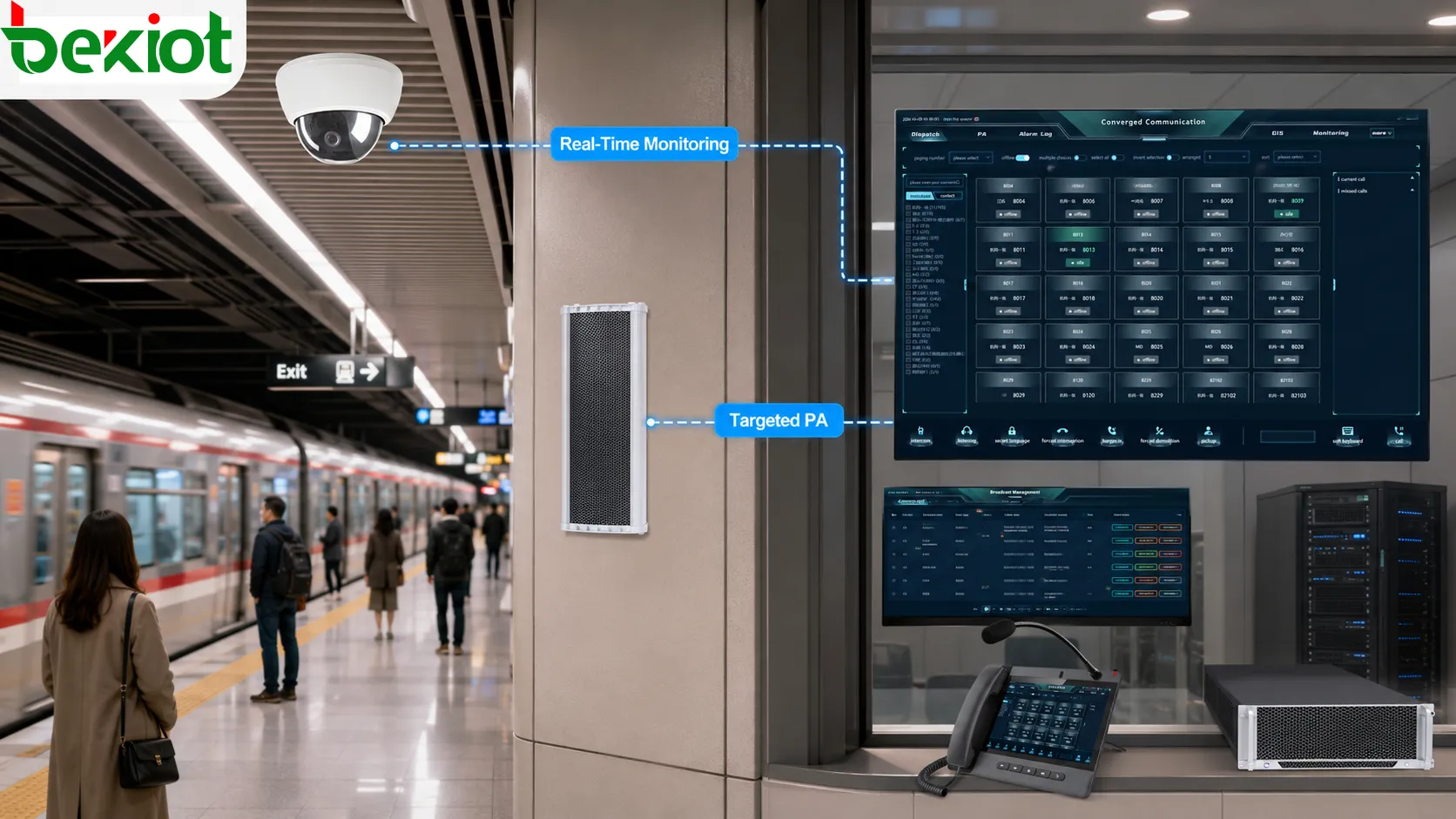 Kamera einer U-Bahn-Station, verbunden mit einem digitalen Beschallungssystem für Echtzeit-Sicherheitsüberwachung und zielgerichtete Durchsagen