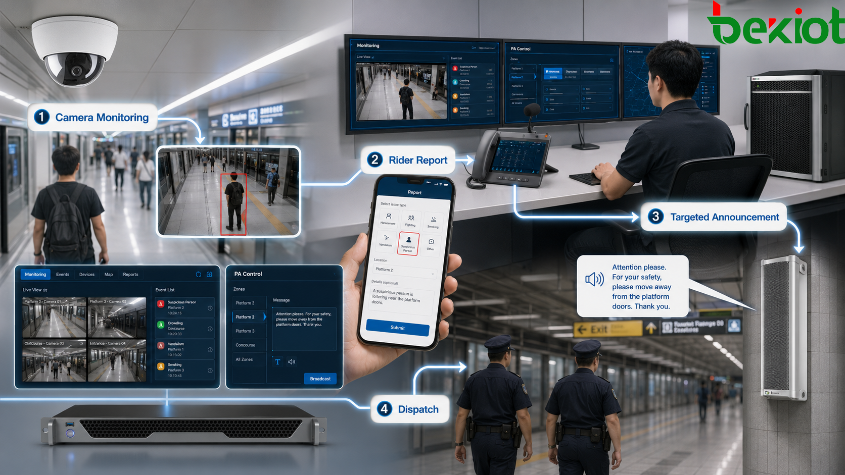 Ablauf eines digitalen Beschallungssystems für U-Bahn-Stationssicherheit mit Kameraüberwachung, App-Meldung, zielgerichteter Durchsage und Entsendung von Einsatzkräften