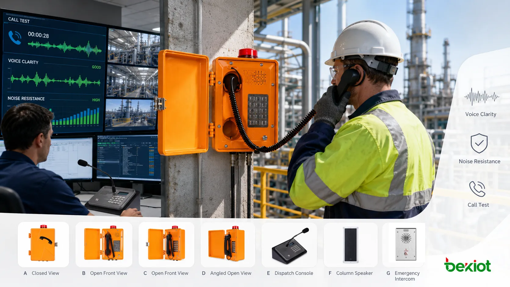 Sprachqualitätstest eines Industrietelefons in einer Fabrik mit robustem Wandtelefon, Mitarbeiter, Leitstellenbediener, Maschinenlärm und Audio-Prüfliste
