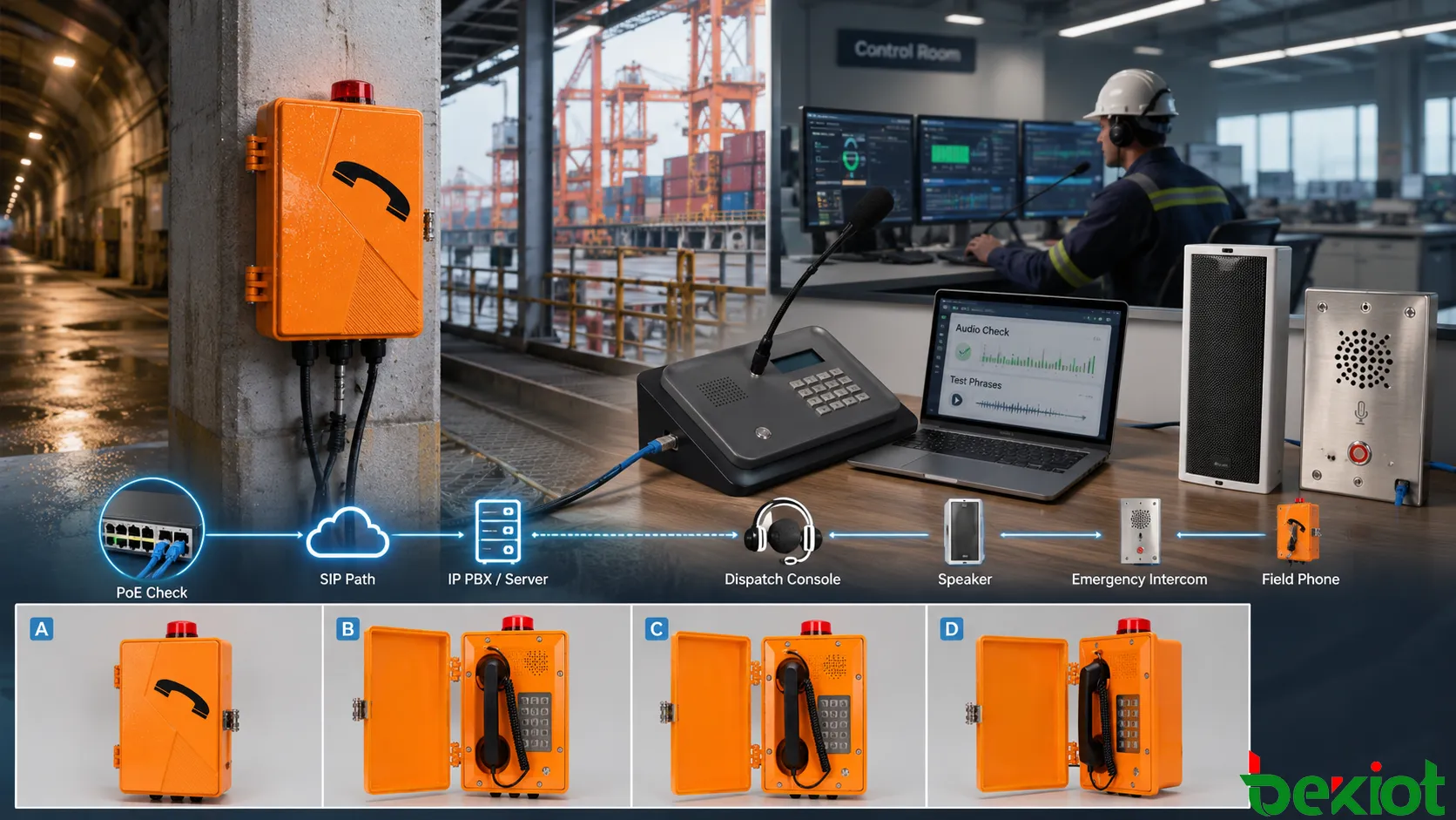 Vorbereitung eines Audiotests für Industrietelefone mit Testsätzen, SIP-Registrierung, Netzwerkpfad, Leitstellen-Headset, Analoglinienprüfung und realer Lärmquelle