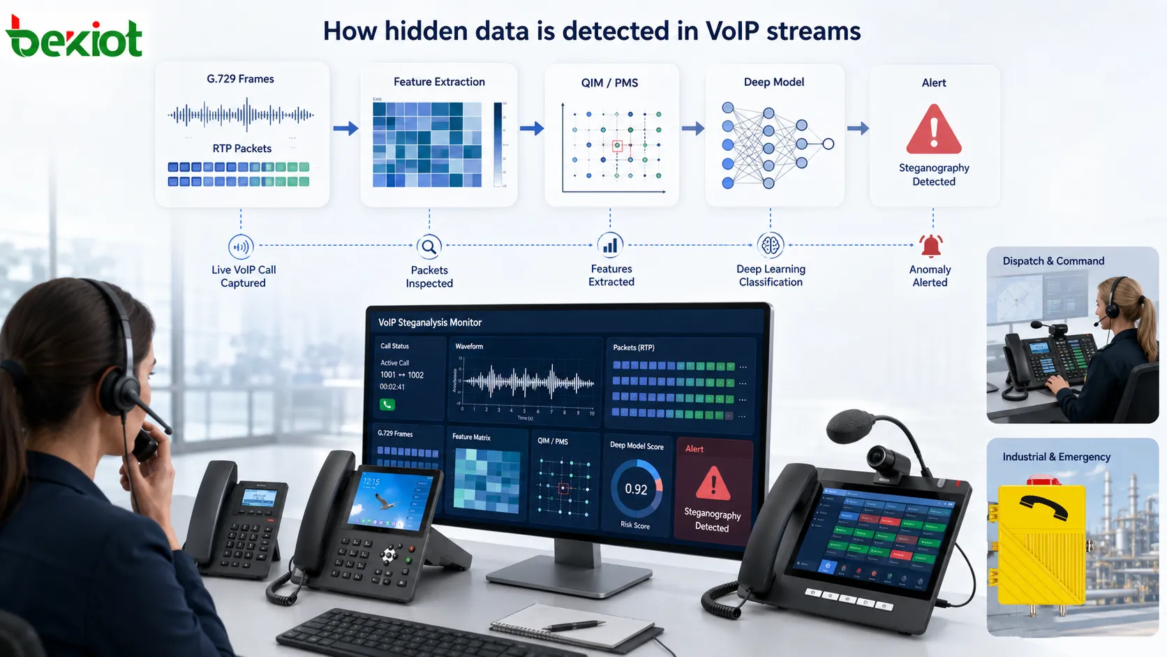 Ablauf einer VoIP-Steganalyse mit G.729-Sprachrahmen, statistischer Merkmalsextraktion, Erkennung von QIM- und PMS-Mustern, Klassifikation durch ein tiefes neuronales Netz und Echtzeit-Sicherheitsüberwachung