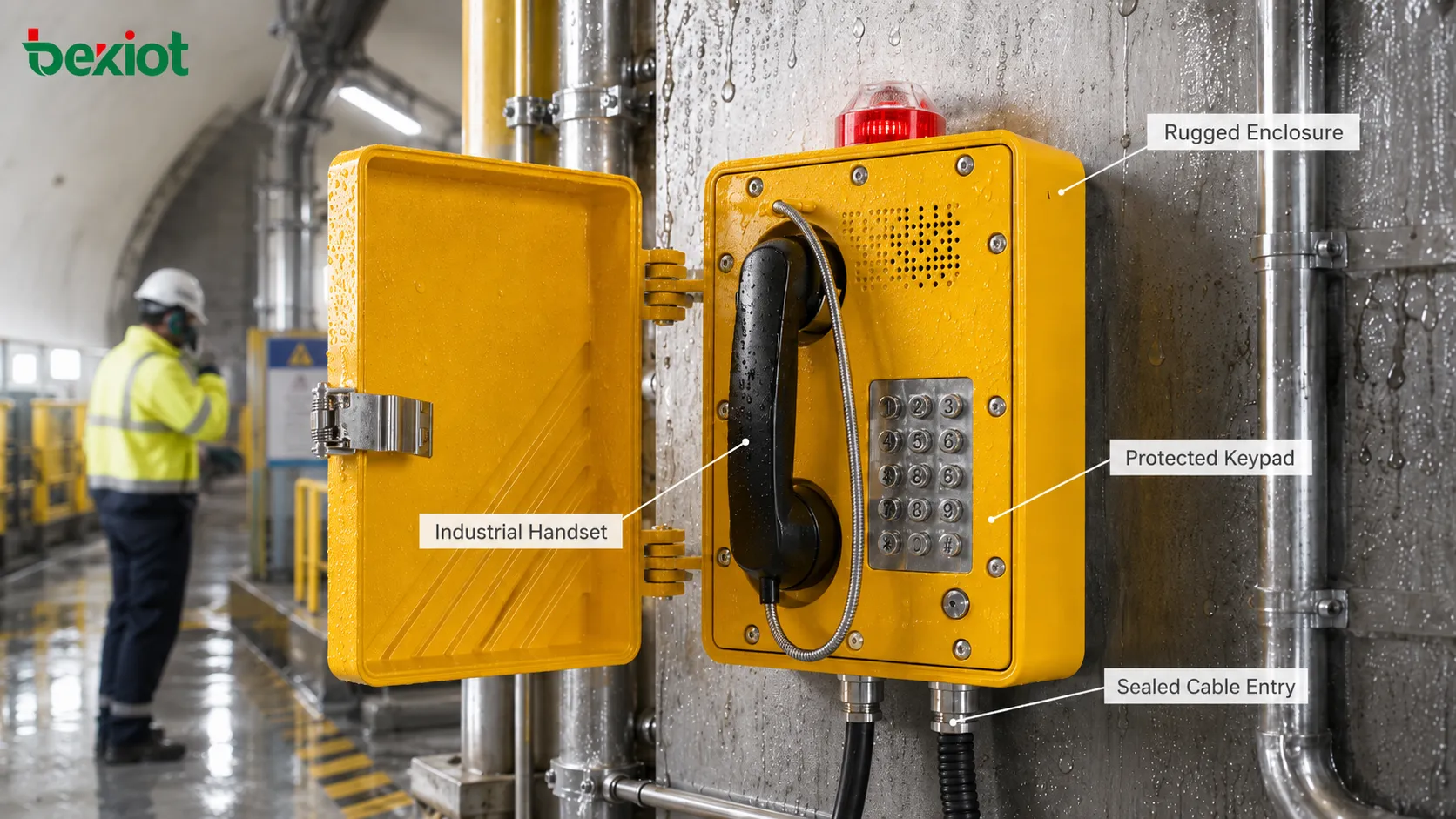Robuster Aufbau eines explosionsgeschützten Telefons mit massivem Metallgehäuse, geschützter Tastatur, Industriehörer, abgedichteter Kabelverschraubung, Lautsprechergitter und Installation in rauer Umgebung