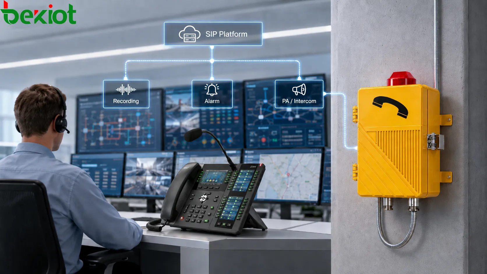 Systemintegration eines explosionsgeschützten Telefons mit Gefahrbereichstelefon, Leitstellenkonsole, SIP-Plattform, Alarmkopplung, Aufzeichnungsserver und Leitwartenbediener