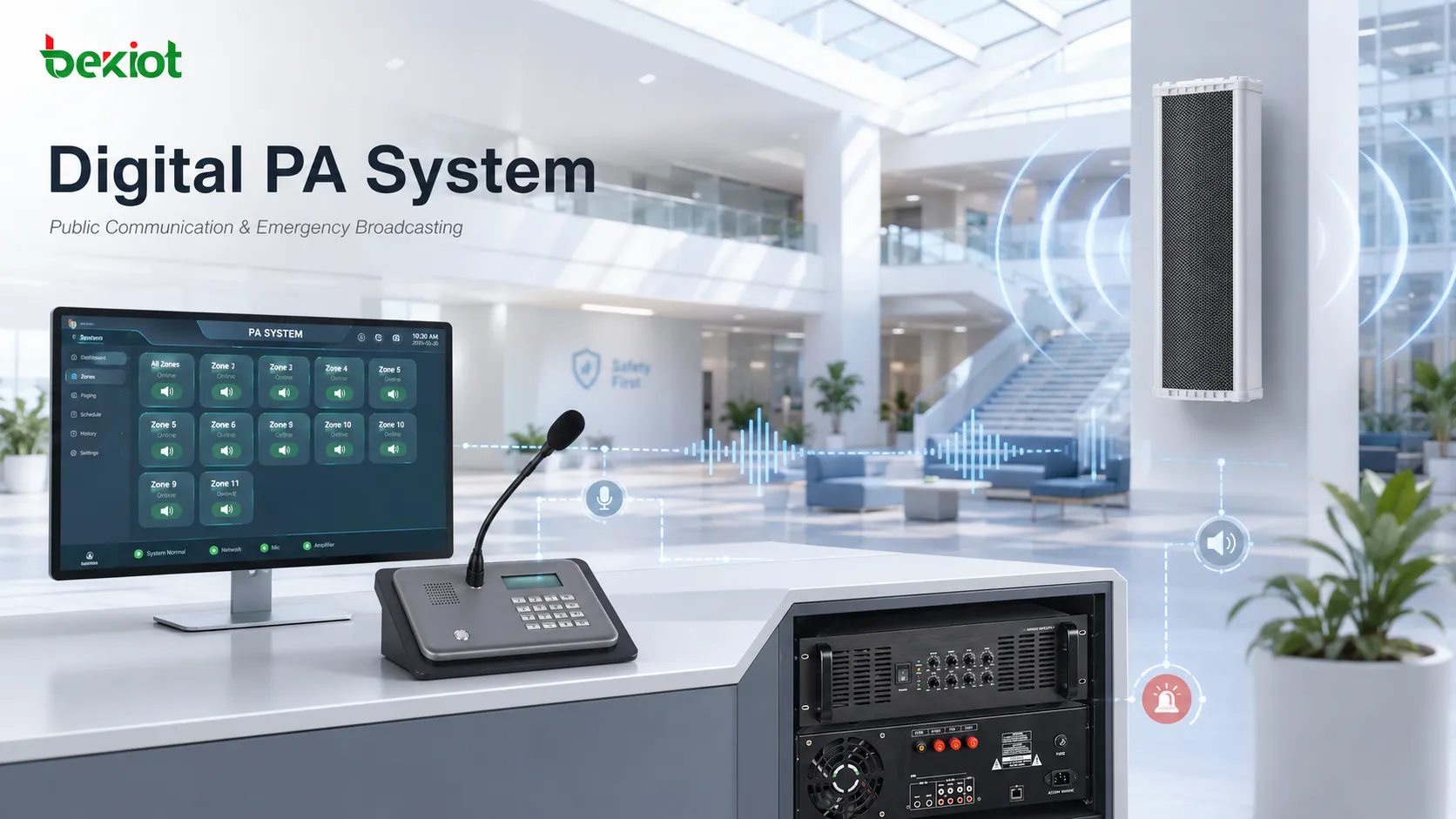 Architektur eines digitalen PA-Systems mit Mikrofon, Verstärker, IP-Netzwerklautsprechern, Steuerhost, Notfallübertragung und Beschallungszonen